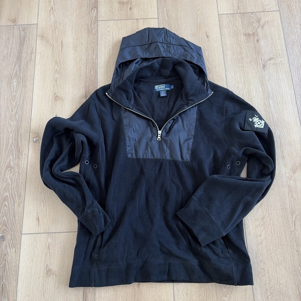 Vintage Polo Ralph Lauren Mens Half Zip Hooded Jacket Black Long Sleeve Sz Large